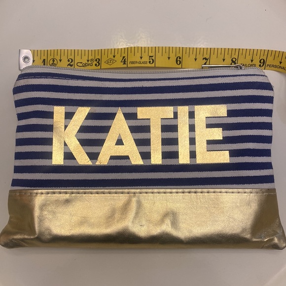 Katie Customized Cosmetic Bag Blue/White Stripe with Gold Accents GUC 9x6 - Picture 4 of 5